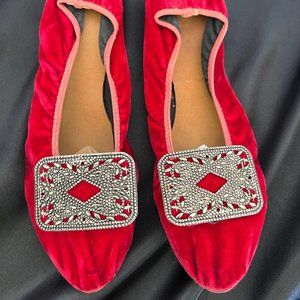 60's Red Velvet Slippers with Ornate Medallion - Size 7.5